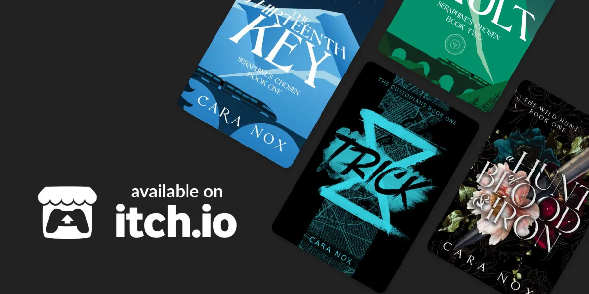 available on itchio - matte, dark gray graphic with tiled covers of cara nox's books