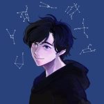 Image of a pale boy with black hair in a black hoodie on a blue background, surrounded by constellations. Art by @ashsketchem.bsky.social
