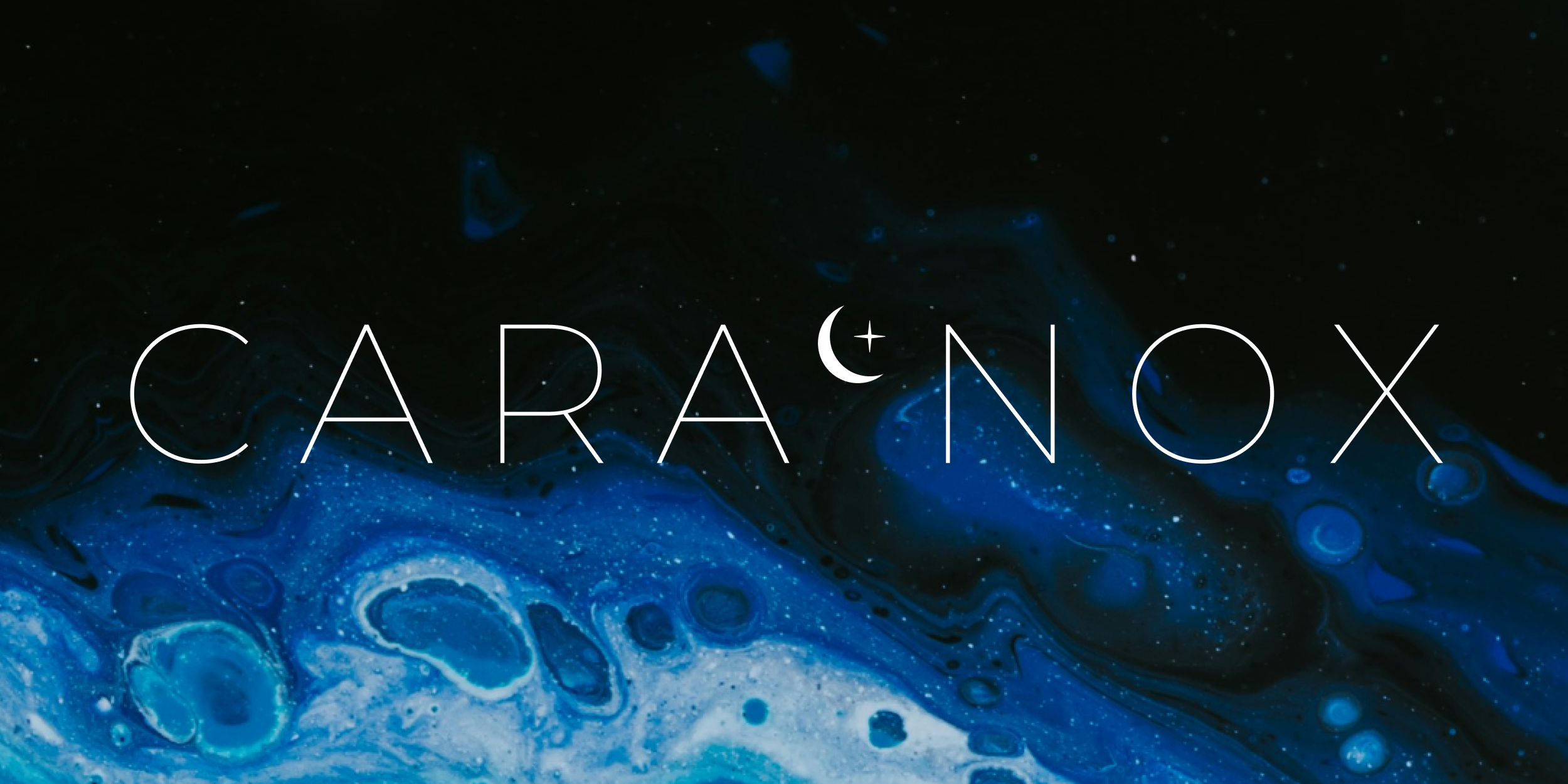 A banner that reads "Cara Nox" with a moon and star between their first and last name overtop of an inky, blue-black background.